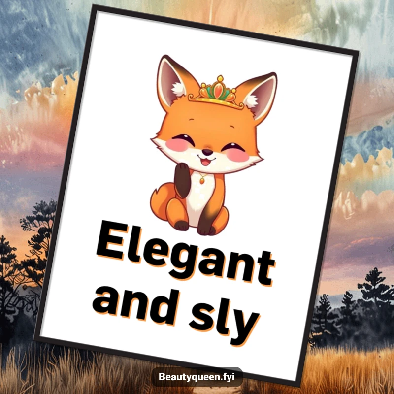 Funny fox digital art print of a happy fox adjusting a tiny, gleaming diadem, perfect for adding hilarious foxy sophistication to decor.