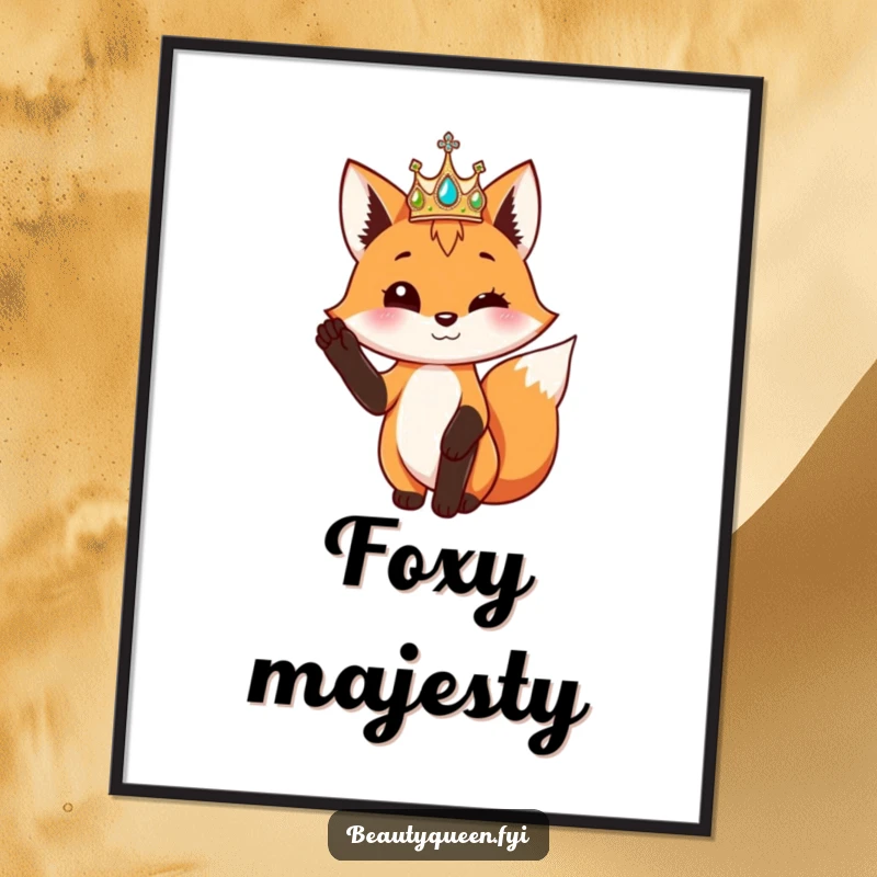 Funny playful fox wearing a shimmering crown poses elegantly with one paw raised, as a digital art print.