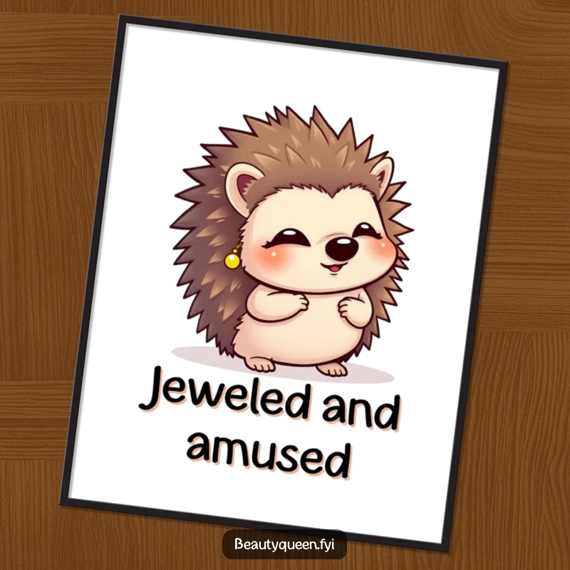 Funny giggling hedgehog wearing tiny earrings, mid-curtsy, presented as high-resolution digital art.