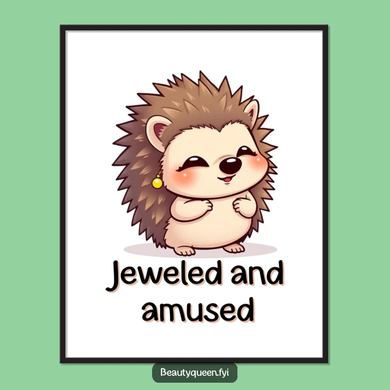 Funny Giggling Hedgehog Digital Art: Curtsy Printable with Tiny Earrings, Perfect Gift!