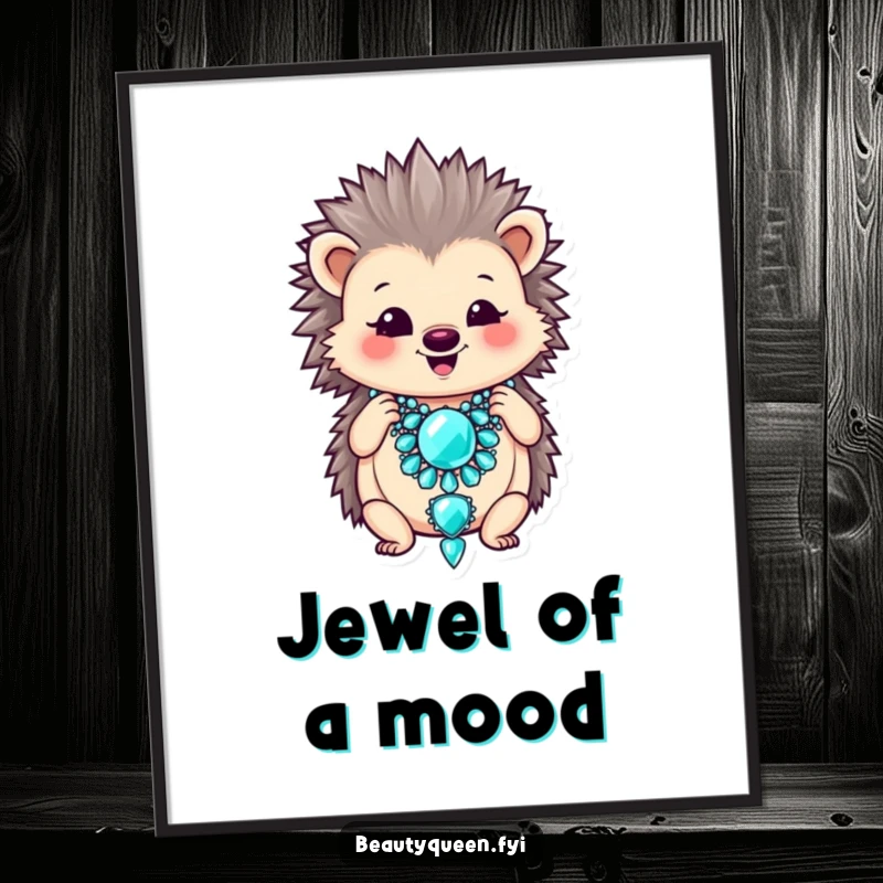 Funny digital art print of a smiling hedgehog adjusting a large, oversized jeweled necklace.