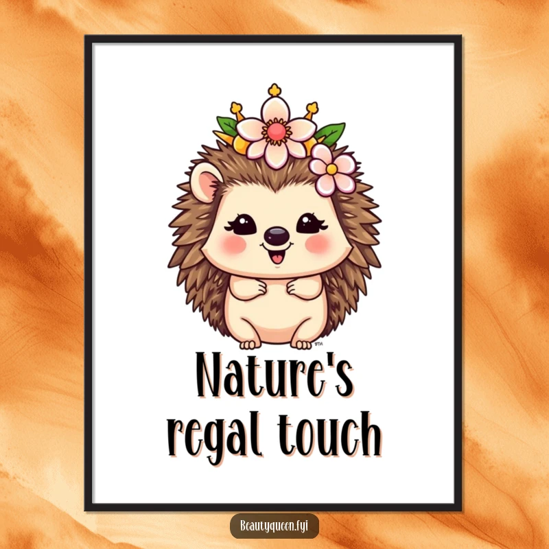 Funny Hedgehog Digital Art: A happy hedgehog queen with a flower crown brings whimsical and funny royal beauty to your digital decor.