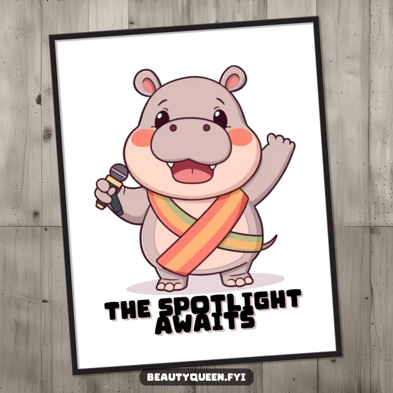 Funny hippo digital art print of a gentle hippo in a sash, enthusiastically waving a microphone, perfect for musical and humorous decor.