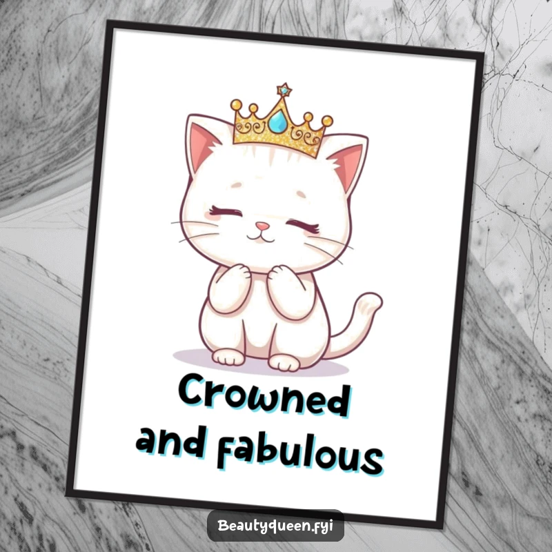 Funny digital art print of a kawaii cat wearing a glittering crown, performing a graceful curtsy.