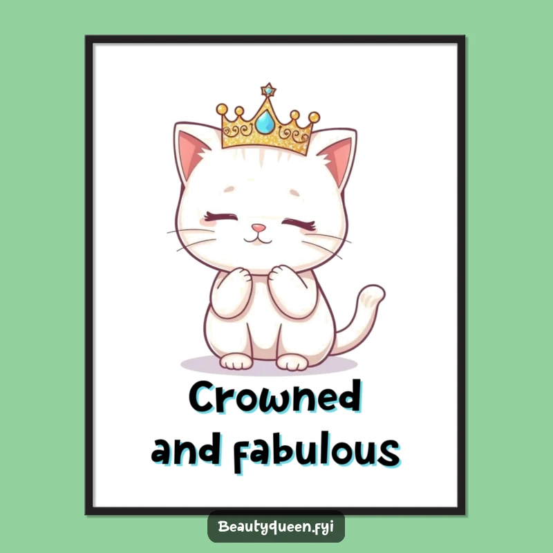 Funny Kawaii Cat Crown Curtsy Art Print: Instant Feline Royalty, Hilarious Gift
