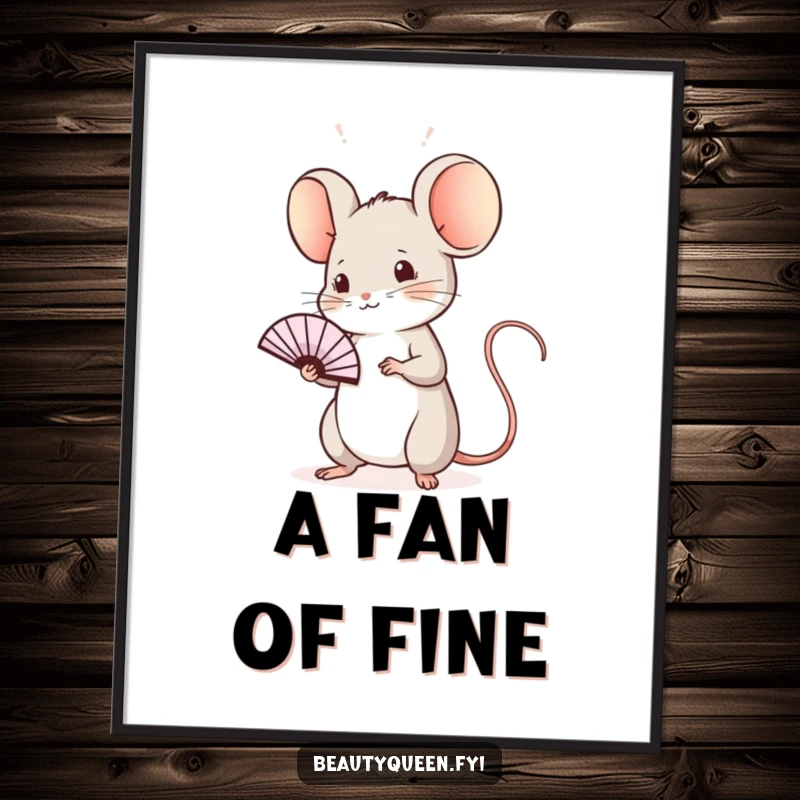 Funny mouse digital art print of a sweet mouse practicing a regal wave with a tiny fan, offering instant download for elegant, charming, and humorous art.