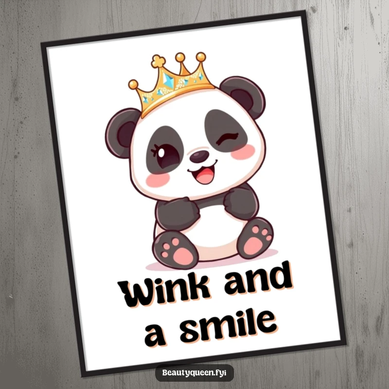 Funny Panda King Crown Digital Art Print, a panda wearing a crown winks playfully, for instant cute humor.