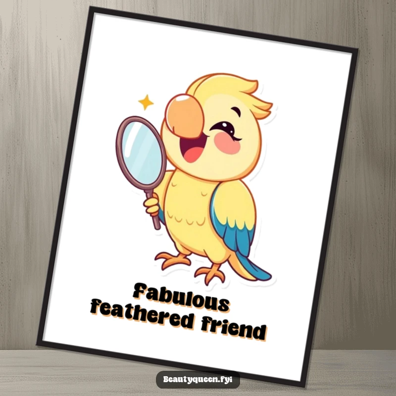 Funny parrot digital art print of a joyful parrot smiling and holding a mirror, offering instant download for vibrant, humorous, and self-appreciative wall art.