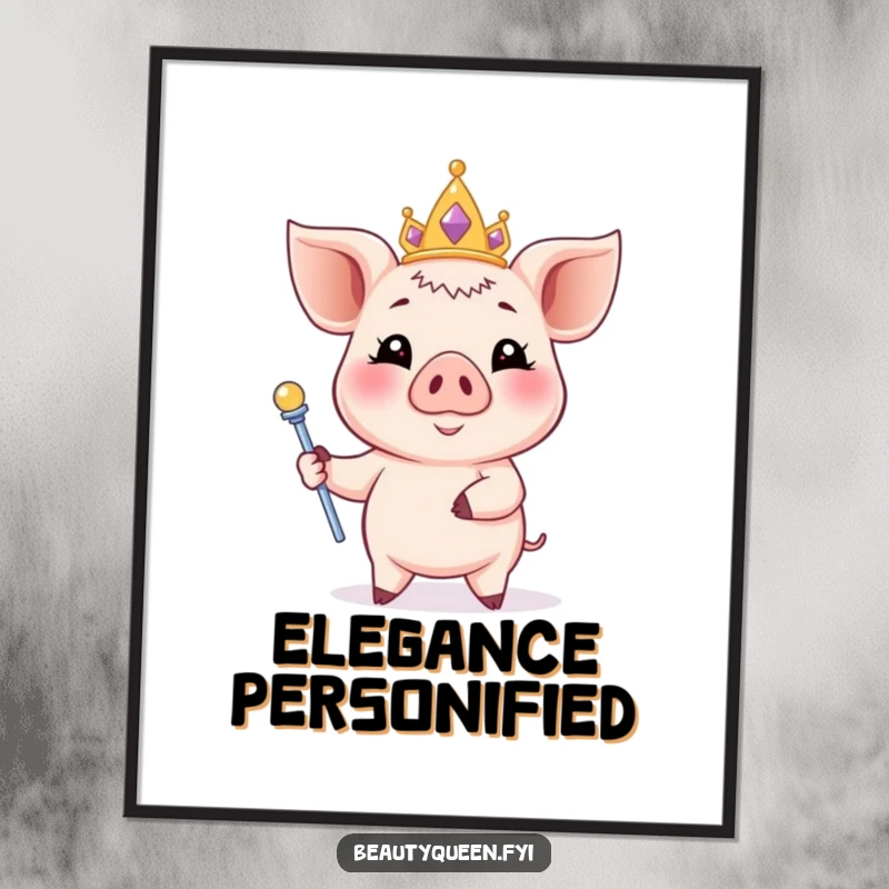 Funny piglet digital art print of a smiling piglet with a pastel tiara and scepter, posing elegantly, regal decor.