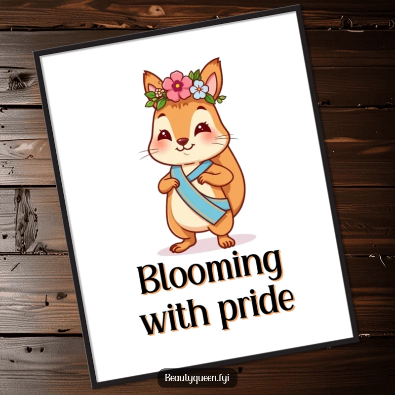 Funny squirrel digital art print of a playful squirrel with a flower crown and sash, strutting confidently, instant decor.