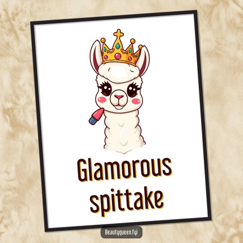 Funny Llama Digital Art: A playful llama queen with a tilted crown and lipstick strikes a funny, sassy pose digitally.