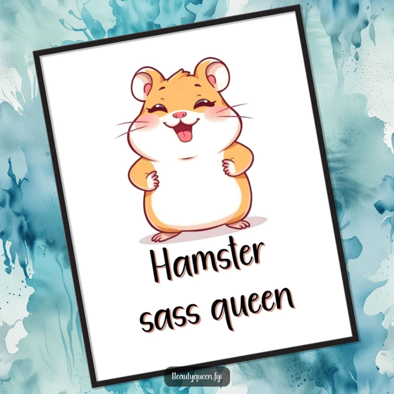 Funny hamster digital art print of a giggling hamster striking a pose with paws on hips, offering instant download for joyful, playful, and humorous art.