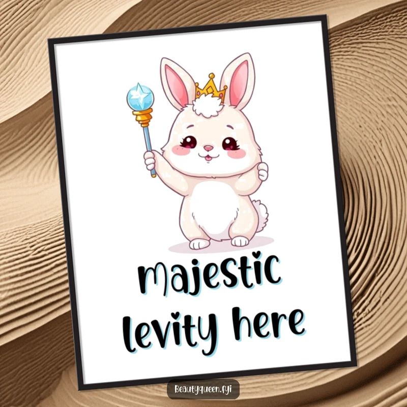 Funny fluffy bunny in a tiara, joyfully tossing a sparkling scepter, a high-resolution digital print. Magical and whimsical art.