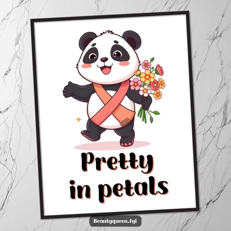 Funny panda digital art print of a smiling panda in a sash, prancing with a bouquet of flowers, full of joy.
