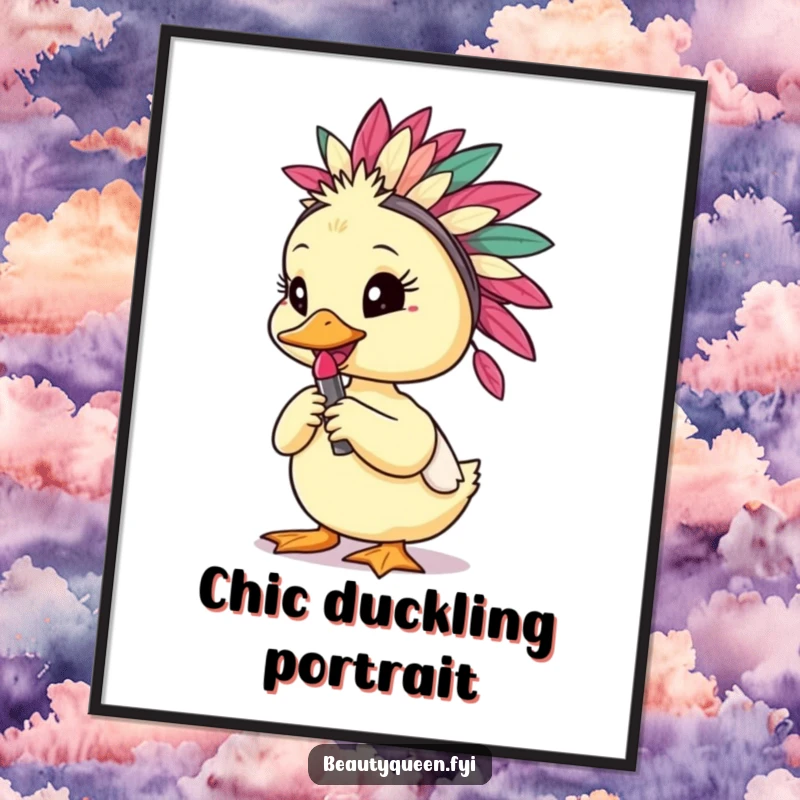 Funny duckling in a feathered headdress posing with lipstick, available as a high-quality, humorous digital art print.