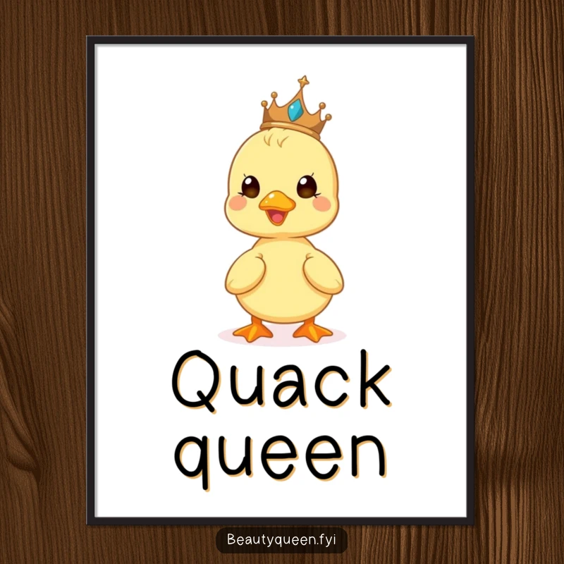 Funny digital art print of a cute duckling beaming while balancing a tiny tiara, radiating pure happiness and charm.