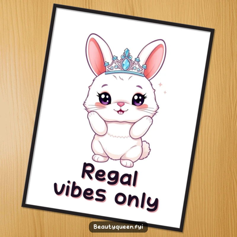 Funny bunny digital art print of a fluffy rabbit in a sparkly tiara, striking a proud, majestic pose, perfect for humorous wall decor.