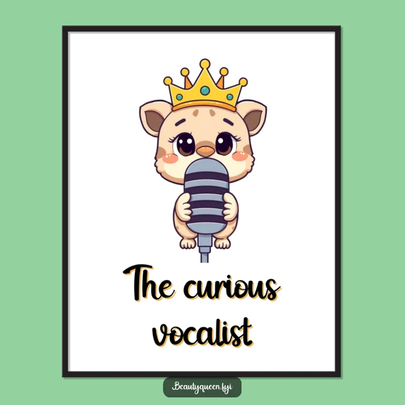 Funny Digital Art: Curious animal crown askew microphone, printable intrigue