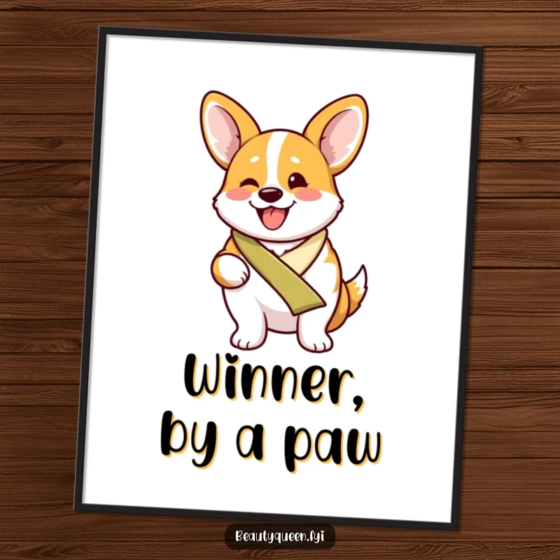 Funny proud corgi wearing a sash, beaming with excitement, presented as high-resolution digital art.