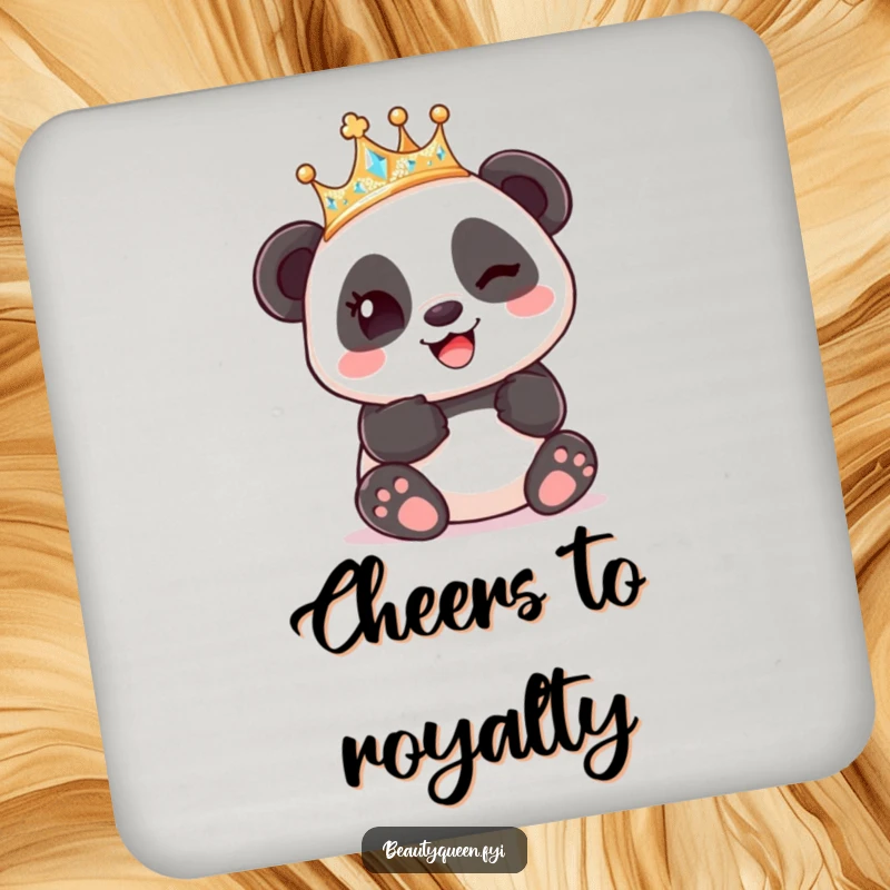Funny Panda King Crown Coaster, a panda wearing a crown winks playfully, for humorous surface protection.