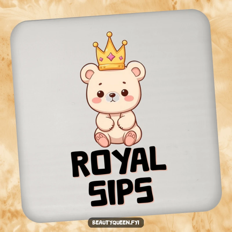 Funny bear coasters featuring a kawaii bear cub precariously balancing a tiny crown, protecting surfaces with adorable charm.