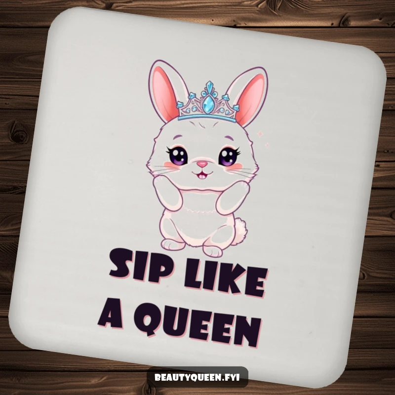 Funny bunny coaster decorated with a fluffy rabbit in a sparkly tiara, striking a proud pose, adding a touch of regal humor to tabletops.