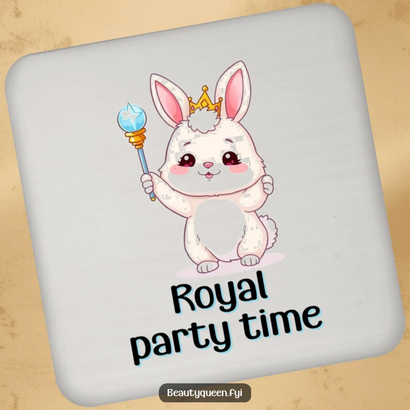 Funny bunny wearing a tiara, tossing a sparkling scepter, on humorous drink coasters. Protects furniture with magical flair.