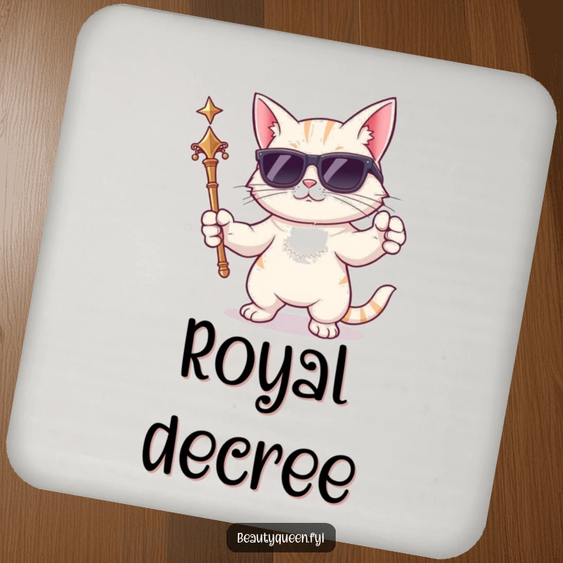Funny cat coasters featuring a cartoon cat in sunglasses, holding a scepter and posing dramatically, protecting surfaces with cool charm.