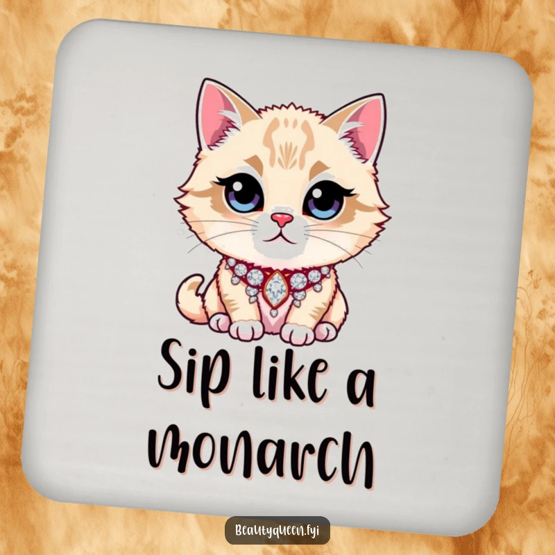 Funny Drink Coaster featuring a majestic cat sporting a glittering rhinestone collar, adding humor and style to any beverage setting.