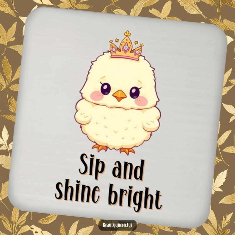 Funny Drink Coaster depicting a fluffy chick with a tiny, sparkly tiara askew, bringing adorable humor to any drink setting.