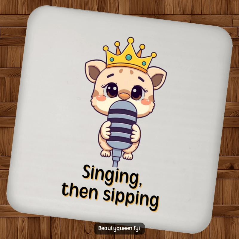 Funny drink coaster featuring a curious animal with a tilted crown, peering over a large microphone.