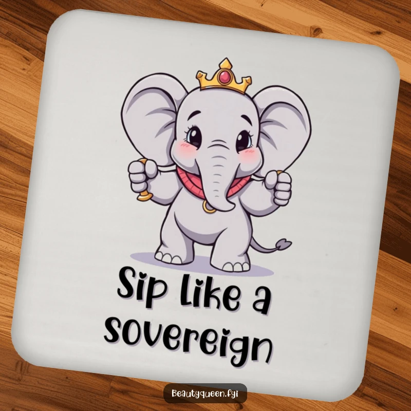 Funny elephant coasters with a regal elephant in a dramatic pose holding a scepter, protecting tables with majestic charm and humor.