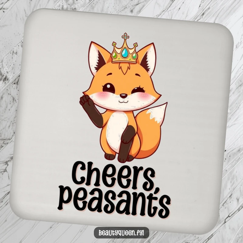 Funny playful fox with a shimmering crown poses elegantly with one paw raised, on a drink coaster.
