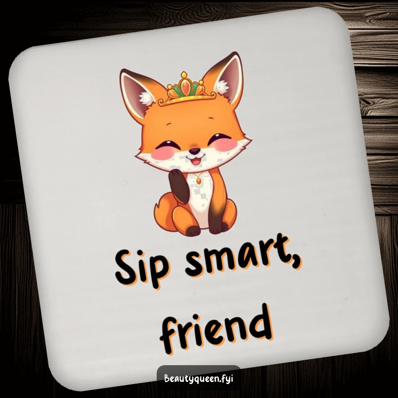 Funny fox coaster with a happy fox adjusting a tiny, gleaming diadem, adding hilarious foxy elegance to any tabletop.