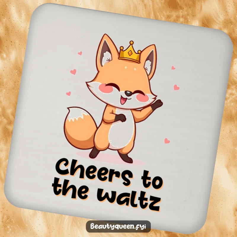 Funny fox drink coasters featuring a goofy fox with a tilted crown, performing a whimsical dance, ideal for playful table protection.