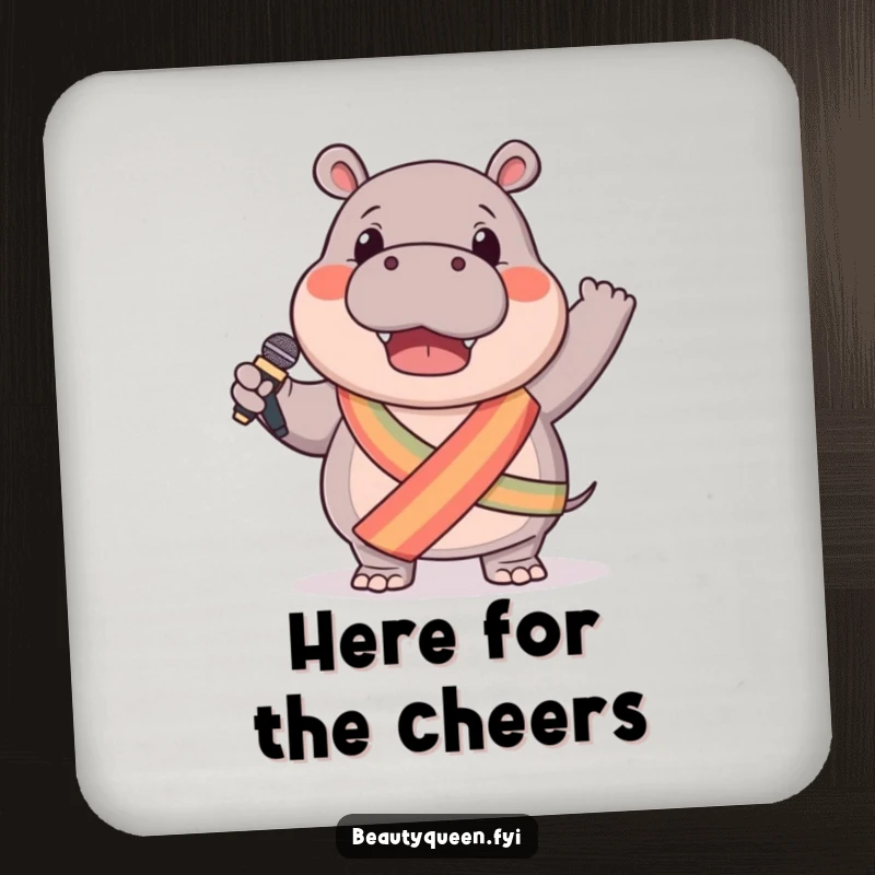 Funny hippo drink coasters featuring a gentle hippo in a sash, enthusiastically waving a microphone, ideal for musical decor.
