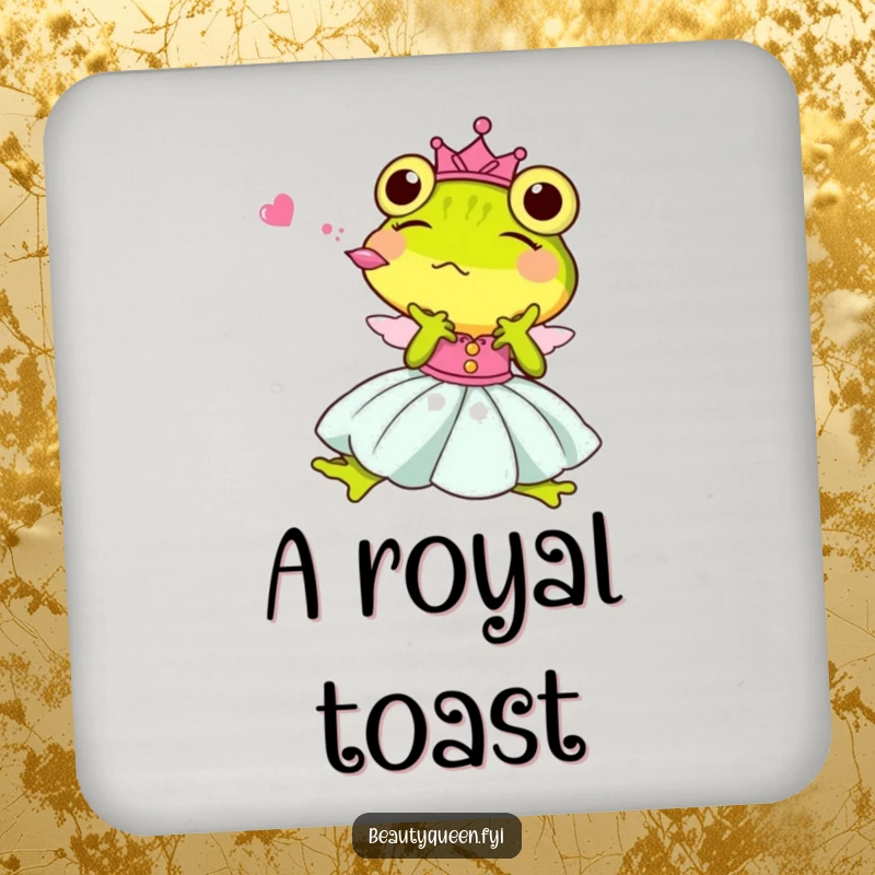 Funny Princess Frog Coaster, a charming frog princess blowing a kiss, perfect for humorous surface protection.