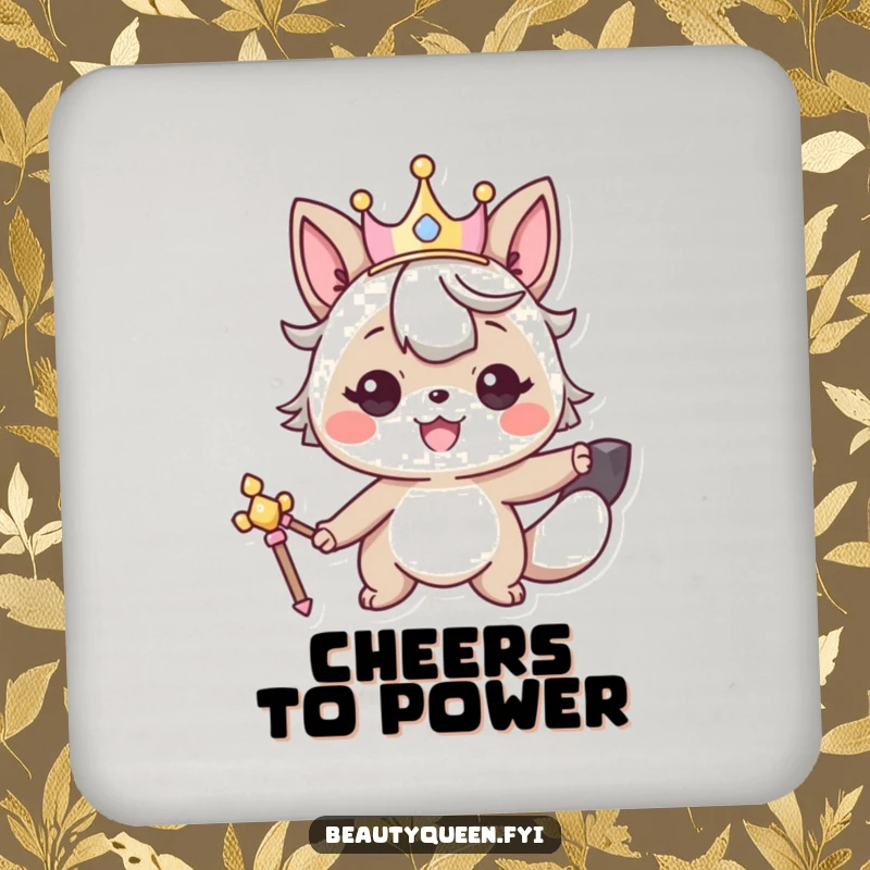 Funny coaster with a smiling animal character wearing a crown and holding a scepter, offering regal table protection.
