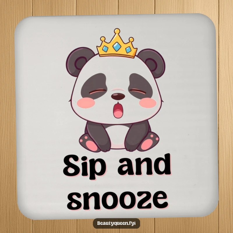 Funny Panda Coaster: Protective coaster featuring a sleepy panda wearing a tiara, yawning widely with eyes closed, offering calm humor.