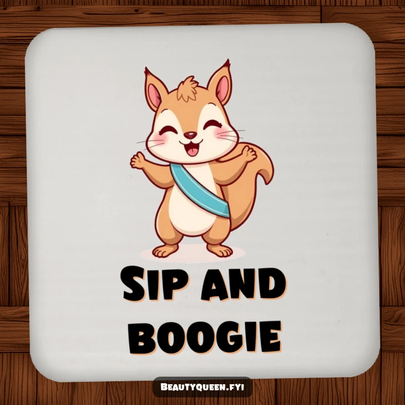 Funny squirrel coaster with a playful squirrel in a sash, doing a little dance, adding hilarious nutty charm to any tabletop.