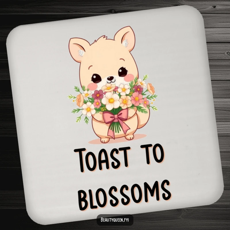 Funny coaster with an adorable animal holding a bouquet of flowers, tied with a sophisticated, regal bow.