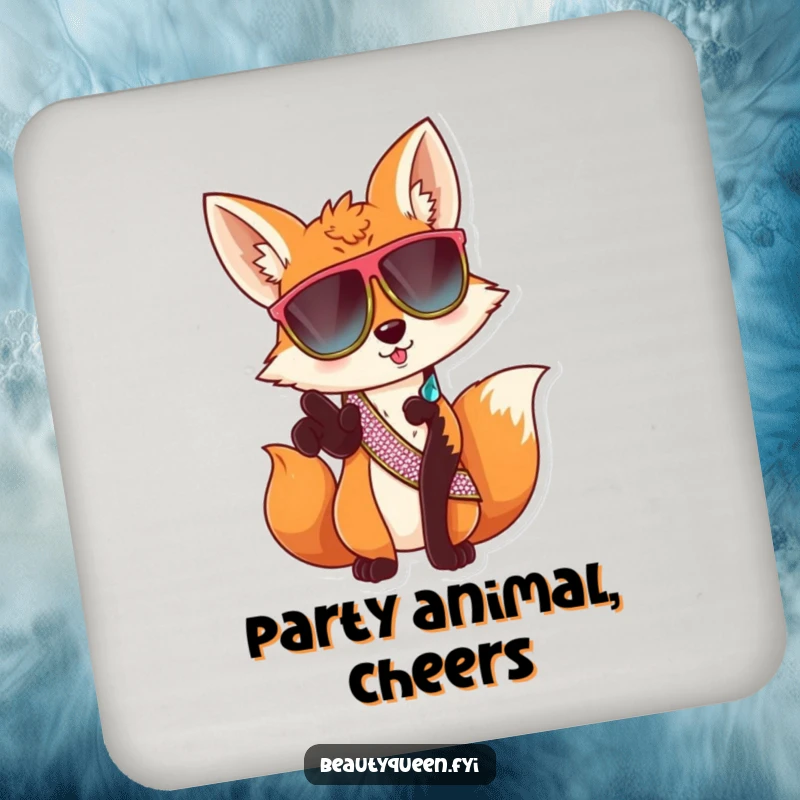 Funny fox sunglasses coaster, sassy animal protecting surfaces, adds cool humor to drinks, a charming and funny gift accessory.