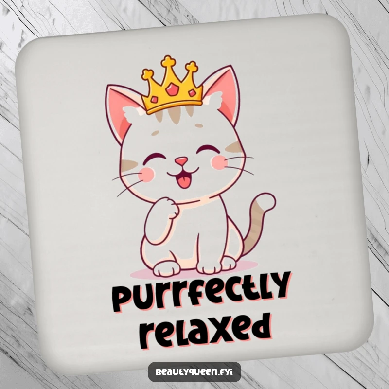 Funny cat wearing a tiny crown, posing gracefully with a paw on its chin, on humorous coasters. Regal and protective.