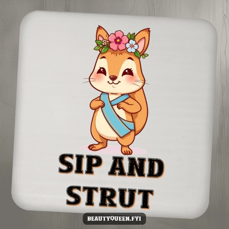 Funny squirrel coaster featuring a playful squirrel with a flower crown and sash, strutting confidently, a stylish and humorous protector.