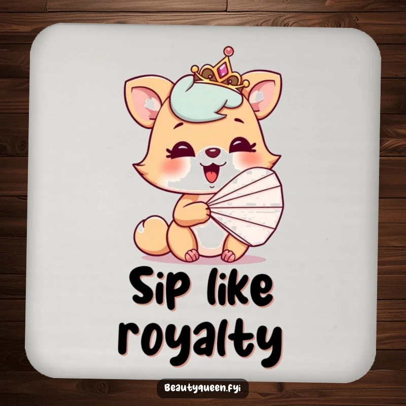 Funny drink coaster featuring a playful animal with a tilted tiara, giggling behind a fan, adding a touch of whimsy.