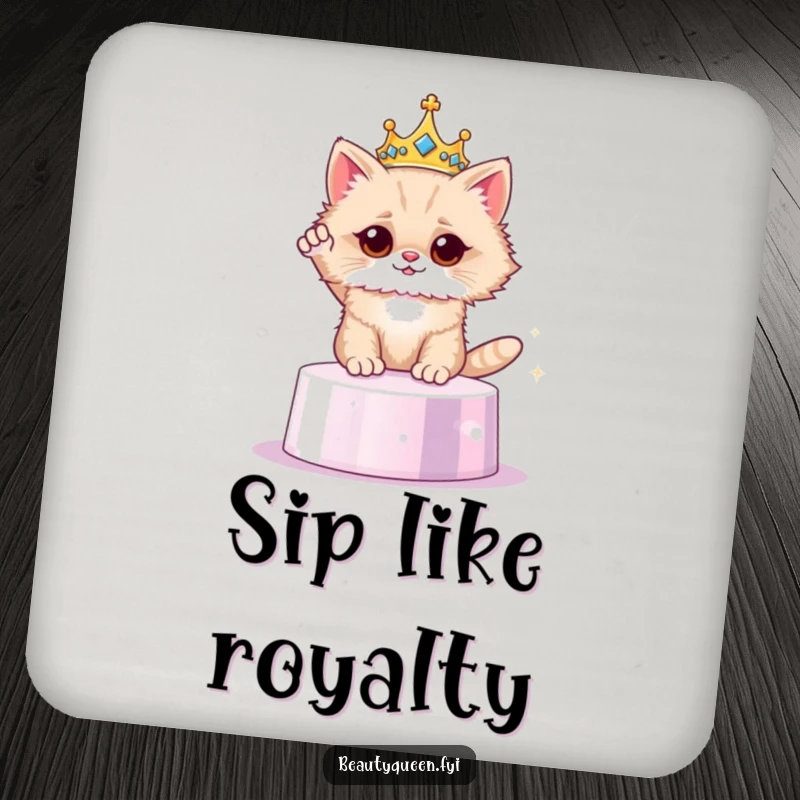 Funny cat crown coaster, regal feline protecting surfaces, adds majestic humor to drinks, a charming and funny gift accessory.