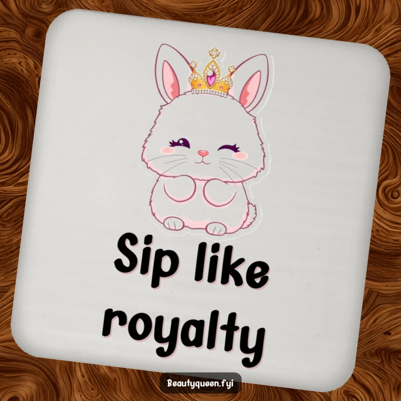 Funny coaster displaying a fluffy bunny princess in a sparkling tiara, winking and blowing a kiss.