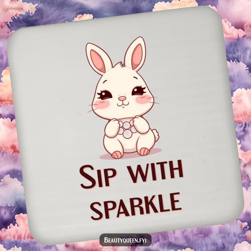 Funny bunny necklace coaster, blushing rabbit protecting surfaces, adds glamorous humor to drinks, a charming and funny gift accessory.