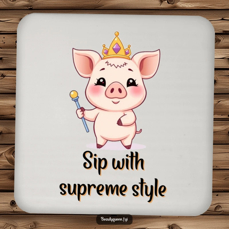 Funny piglet coaster featuring a smiling piglet with a pastel tiara and scepter, a stylish and humorous protector.