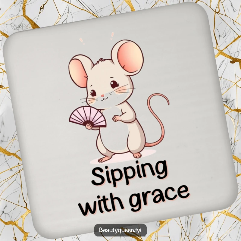Funny mouse coasters with a sweet mouse doing a regal wave with a tiny fan, protecting tables with dainty charm and humorous elegance.